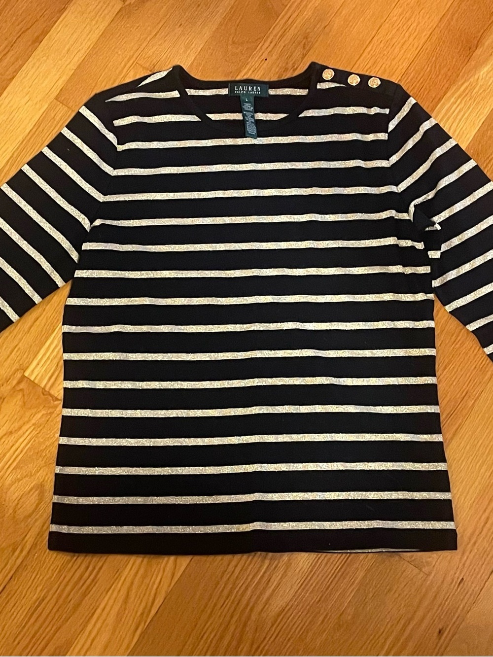 Ralph Lauren Black and Gold Striped Crewneck Sweater with Shoulder Buttons